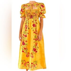 FARM Rio Maxi Dress S Puff Sleeves Smocked Floral Cut Out Beads Tie Embroidered